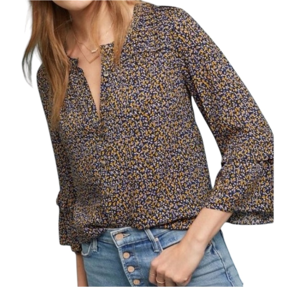 Navy Floral Split-Neck Blouse with Yellow Accents - Maeve by Anthropology